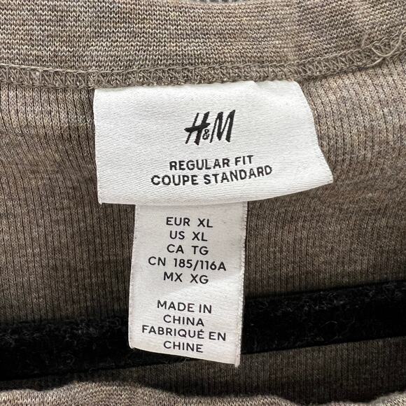 H&M Mens Dark Beige Regular Fit Crew Neck Cotton Blend Woven Waffled T Shirt XL - Picture 4 of 9